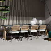 9 Pieces Modern Outdoor Dining Set with Marble Top & Aluminum Table and Rattan Chair